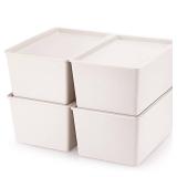 Menkxi 4 Pcs Storage Bins with Lids Plastic Stackable Containers for Organizing Shelves Christmas Ornament Box Baskets(Beige,Small)