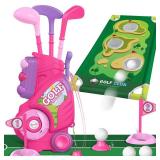 Liberry Toddler Golf Set for 2 3 4 Years Old Girls Boys, Upgraded Kids Golf Cart with Golf Cornhole Board & Putting Mat, Indoor and Outdoor Golf Toys Birthday Gift, Pink