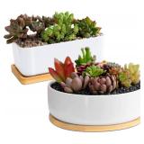 ARVINKEY White Ceramic Succulent Plant Pots, 1 Rectangular Flower Pot + 1 Round Planter, Set of 2 Small Cactus Container, Bonsai Pots, Succulent Pots with Drainage Hole& Bamboo Tray (No Plant) (Missin