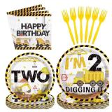 96 Pcs Construction 2nd Birthday Party Supplies Construction Truck Plates and Napkins Tableware 350GSM Excavator Birthday Decorations Favors for Boys Tractor Dump Two Years Old, Serves 24