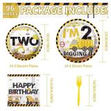 96 Pcs Construction 2nd Birthday Party Supplies Construction Truck Plates and Napkins Tableware 350GSM Excavator Birthday Decorations Favors for Boys Tractor Dump Two Years Old, Serves 24