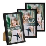 upsimples 4x6 Picture Frame Set of 3, Made of High Definition Glass for 4 x 6, Wall and Tabletop Display Thin Border Photo Frames for Home Decor, Black