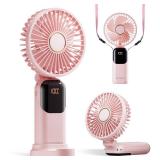 GOCKERA Portable Fan, 4200mAh Battery Operated Fan, 5 Speeds&Digital Display, Makeup Fans for Women with Base, 180Â°Foldable 3in1 Handheld/Neck/Desk Fan for Outdoor Indoor,Ultra Quiet (Pink), Chargi