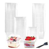 100 Pack 8OZ Plastic 50Pcs Square Dessert Cups with Lids and 50Pcs Spoons,Square Ice Cream Container with Forks, Disposable Parfait Cups for Mousse Cupcake Pudding Snacks Yogurt Parfait Fruits 50Sets
