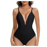 Ellareese Deep V Bodysuit for Women Thong Black Bodysuit Women Tummy Control Low Back Shapewear Black Medium