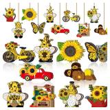 Chunful Christmas Sunflower Gnome Tree Ornament Summer Wooden Hanging Ornaments Small Tree Decorations with Rope for Xmas Holiday Sunflower Theme Birthday Party Favor Supplies(30 Pcs,Cute Style)