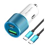 67.5W Blue Car Charger USB C Super Fast Charging, 45W USBC&QC3.0 Port Block for iPhone 17 Pro Max/Air/16/15/iPad, Samsung S25 Android Cell Phone, Dual 12V Cigarette Lighter Adapter+3.3 ft Type C Cable