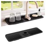 ZJWZLG Faucet Mat for Kitchen Sink, 17.7"X5.5" Silicone Sink Splash Guard with Soap Holder, Snap-On Design & 7°slope Fast Drain, Folding Sink Faucet Mat for Universal Kitchen Bathroom Sink Black