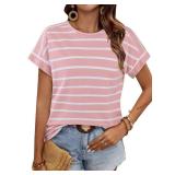 LilyCoco Womens Striped Shirt Short Batwing Sleeve Tops Crew Neck Casual Loose Fit Tee Pink Stripe X-Large