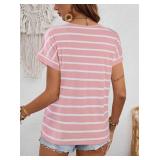 LilyCoco Womens Striped Shirt Short Batwing Sleeve Tops Crew Neck Casual Loose Fit Tee Pink Stripe X-Large