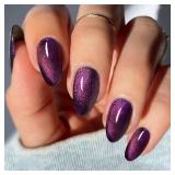 JMEOWIO Gel Nail Stickers Deep Purple Cat Eye Semi Cured Gel Nail Strips Wraps UV/LED Nails Art Design Decoration Accessories