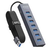 6Ft 7-Port USB 3.0 Hub for Desktop, Aluminium USB Extender Hub 5Gbps, Multiport Adapter, Long Cable for Desktop, PC, Flash Drive, Mobile HDD, Windows/XPS, 1.8m