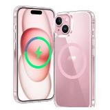 FNTCASE for iPhone 15 Case Clear: iPhone 14/13 Case Magnetic Phone Cases Compatible with Magsafe Slim Anti Yellowing Military Grade Drop Protection Rugged Protective Transparent Cover (C-A Pink)