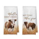 BlissfulAbon Funny Cow Hand Towels Set - Cow Gifts Waffle Decorative Hand Towels, Hello Sweet Cheeks Bathroom Decor, Farmhouse Rustic Animal Bathroom Decor, 16x24 Inches Set of 2