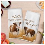 BlissfulAbon Funny Cow Hand Towels Set - Cow Gifts Waffle Decorative Hand Towels, Hello Sweet Cheeks Bathroom Decor, Farmhouse Rustic Animal Bathroom Decor, 16x24 Inches Set of 2