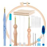 MSDADA 21-Piece Punch Needle Set, Adjustable Tool, Wooden Handle Embroidery Pens, Hoops, Cloth, Perfect for Adult Beginners & Gifts (Blue)