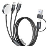 Temdan for Travel Vacation Essentials,3 in 2 USB C Cable for Apple Watch Charger/iPhone 17 Charger/Lightning,Multi Charging Cable Cord,Camping Essentials,Designed for iWatch &iPhone 16-12-4FT Black