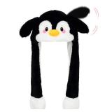 Deletoys Animal Plush Hat with Moving Jumping Ears Pop Up Beating Hat Plush Cosplay Dress Up Funny Christmas Gift, Penguin
