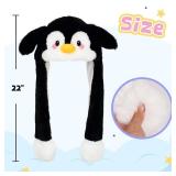 Deletoys Animal Plush Hat with Moving Jumping Ears Pop Up Beating Hat Plush Cosplay Dress Up Funny Christmas Gift, Penguin