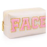 besharppin Preppy Makeup Bag, Synthetic Leather Patch Cosmetic Bag with FACE Chenille Letter for Skin Care, Gift for Girlfriend or Wife, Present for Girls, Daughter, Sister and Mother(Beige)