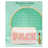 besharppin Preppy Makeup Bag, Synthetic Leather Patch Cosmetic Bag with FACE Chenille Letter for Skin Care, Gift for Girlfriend or Wife, Present for Girls, Daughter, Sister and Mother(Beige)