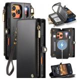 Defencase for iPhone 17 Pro Magnetic Wallet Case Compatible with Magsafe with RFID Blocking Zipper & Card Holder for Women Men PU Leather Strap Detachable Case for iPhone 17 Pro (6.3 inch), Black