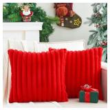 GriNeed Pack of 2 Christmas Red Pillow Covers 18x18 Inch Decorative Faux Fur Throw Pillow Cover, Soft Lumbar Plush Pillowcases for Couch Sofa Bed Living Room, Fluffy Cute Home Boho Accent Decor