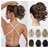 REECHO Ponytail Extension, 9" Claw Clip in Short Curly Wavy Pony Hair Extension Jaw Clip on Pony Tail HP001 Hairpiece for Women - Chestnut Brown with Golden Highlights