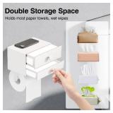 SEHAUSEU Double Toilet Paper Holder with Shelf,Two Drawers for More Capacity,Toilet Paper Holder Wall Mount Fits for Bathroom Wipes Storage,Flushable Rustproof Self-Adhesive (White)