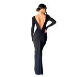 Women Deep V Neck Long Sleeves Ruched Elegant Wedding Guest Cocktail Evening Prom Dress Maxi Long Dress Black Large