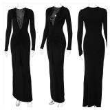 Women Deep V Neck Long Sleeves Ruched Elegant Wedding Guest Cocktail Evening Prom Dress Maxi Long Dress Black Large