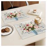 Christian Flower Summer Placemats Set of 4, 12x18 Inch Spring Floral Table Place Mat Religious Washable Non-Slip Heat Resistant Fabric Placement Mats for Dining Kitchen Indoor Outdoor Decor