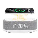 Couperos 4in1 Alarm Clock with Wireless Charging Wireless Speaker Night Light & Temperature Display Customized Sleep-Wake Routine Alarm Clock for Heavy Sleepers (Gray)