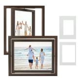 FramePro 2-Pack Rotating Double Sided Picture Frame - 8x10 Floating Double Plexiglass Desk Frames Vertical/Horizontal Display, Brown Wood with 5x7/6x8 Photo Mats