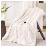 PTQ Waffle Heated Throw Blanket 50"x60" Electric Blanket with 6 Heat Levels & 4 Timer Settings, Ultra-Soft Faux Fur & Sherpa, ETL Certified, Machine Washable, Ideal Gift for Women (Ivory/Cream)