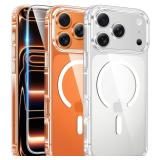 FNTCASE for iPhone 17 Pro-Max Case: Clear Magnetic Phone Cases with Screen Protector Compatible with Magsafe Slim Anti Yellowing Rugged Shockproof Protective Transparent Cell Cover (A-Clear)