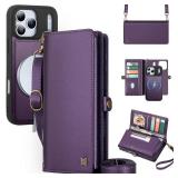 MEGSHI for Wallet Case Compatible with iPhone 17 Pro Max,Multi-Function Detachable 3 in 1 Magnetic iPhone 17 Pro Max Case Wallet,Flip Strap Zipper Card Holder Phone Case with Shoulder Straps (Purple)