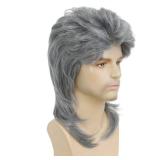 Kaneles Grey Mullet Wigs for Men 80s Retro Cosplay Halloween Costume Wig Funny Rocker Hair Male Wig(Grey)