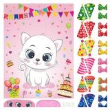 PLULON Cat Party Game for Kids Pin The Hat Bow Tie on The Cat Birthday Game Poster for Boy Girl Birthday Summer Party Favors Wall Decorations Classroom Activities