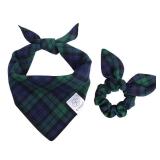 E-Clover Christmas Dog Bandanas Boy & Matching Scrunchie Set Plaid Dog Scarf Kerchief for Medium Large Dog Pet Bandana Owner Gifts Blue Green Fall