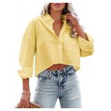 Tankaneo Womens Button Down Cropped Shirts Long Sleeve Casual Crop Tops Solid Lapel Blouse Shirt with Chest Pocket Medium Yellow