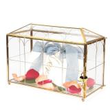 WHSLILR 12.6" Glass Card Box Wedding Card Box with Lock for Wedding Reception Cosmetic Home Decor, Handmade Large Geometric Terrarium with Hinged Lid, Brass Frame - (Golden/House) (Missing Key)