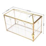 WHSLILR 12.6" Glass Card Box Wedding Card Box with Lock for Wedding Reception Cosmetic Home Decor, Handmade Large Geometric Terrarium with Hinged Lid, Brass Frame - (Golden/House) (Missing Key)