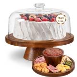 HBlife Cake Stand with Plastic Lid (11.4"), Multifunctional Cake Stand with Dome, Acacia Wood 6-in-1 Cake Plate Display Stand with Cover for Baking Gifts, Birthday Kitchen Parties, Weddings