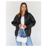 Trendy Queen Womens Leather Jacket, Oversized Going Out & Everyday Statement Piece, Bomber Jacktes Moto Coat Black M - Retail: $33