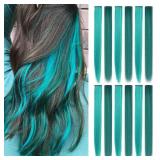 Fcysws Colored Clip in Hair Extensions 21 Inch Heat-Resistant Synthetic Straight Hair Extensions for Women Girls Gift Multi-Colors Party Highlights Clip in Synthetic Hairpiece 12PCS (Dark Teal,Teal) -