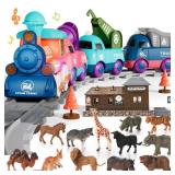 Train Set for Toddlers, Electric Train Toys with Light, Music and Animals, Toddler Magnetic Train Track Playset 3-5, Birthday Gifts for 3 4 5 Years Old Boys Girls - Retail: $30