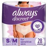 Always Discreet for Sensitive Skin Underwear, Four Times Skin Protection, Dermatologically Tested, Fragrance-Free, Maximum Absorbency, Small/Medium, 28 Count - Retail: $23