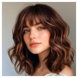Aokiya Bob Wavy Wigs for Women Reddish Caramel Brown Short Curly Hair Wig with Bangs Shoulder Length Style Synthetic Realistic Heat Resistant Wig for Everyday Hairstyle 16 Inch - Retail: $23