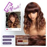 Aokiya Bob Wavy Wigs for Women Reddish Caramel Brown Short Curly Hair Wig with Bangs Shoulder Length Style Synthetic Realistic Heat Resistant Wig for Everyday Hairstyle 16 Inch - Retail: $23